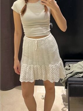 Zara Cream Knit Drawstring Mini Skirt small